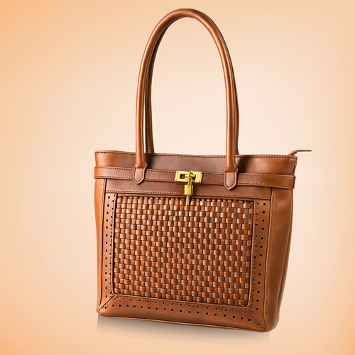 Classic Brown Leather Tote with Woven Design – Chic Work Bag