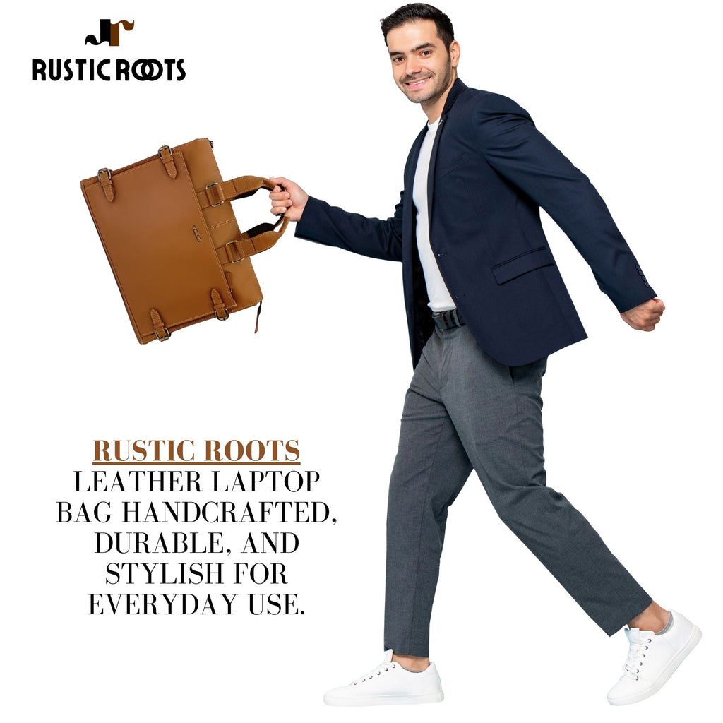 Genuine Tan Leather Laptop Bag by Rustic Roots – Sleek & Professional