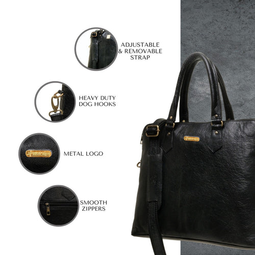 Black Leather Office Laptop Bag for Women – Elegant Tote