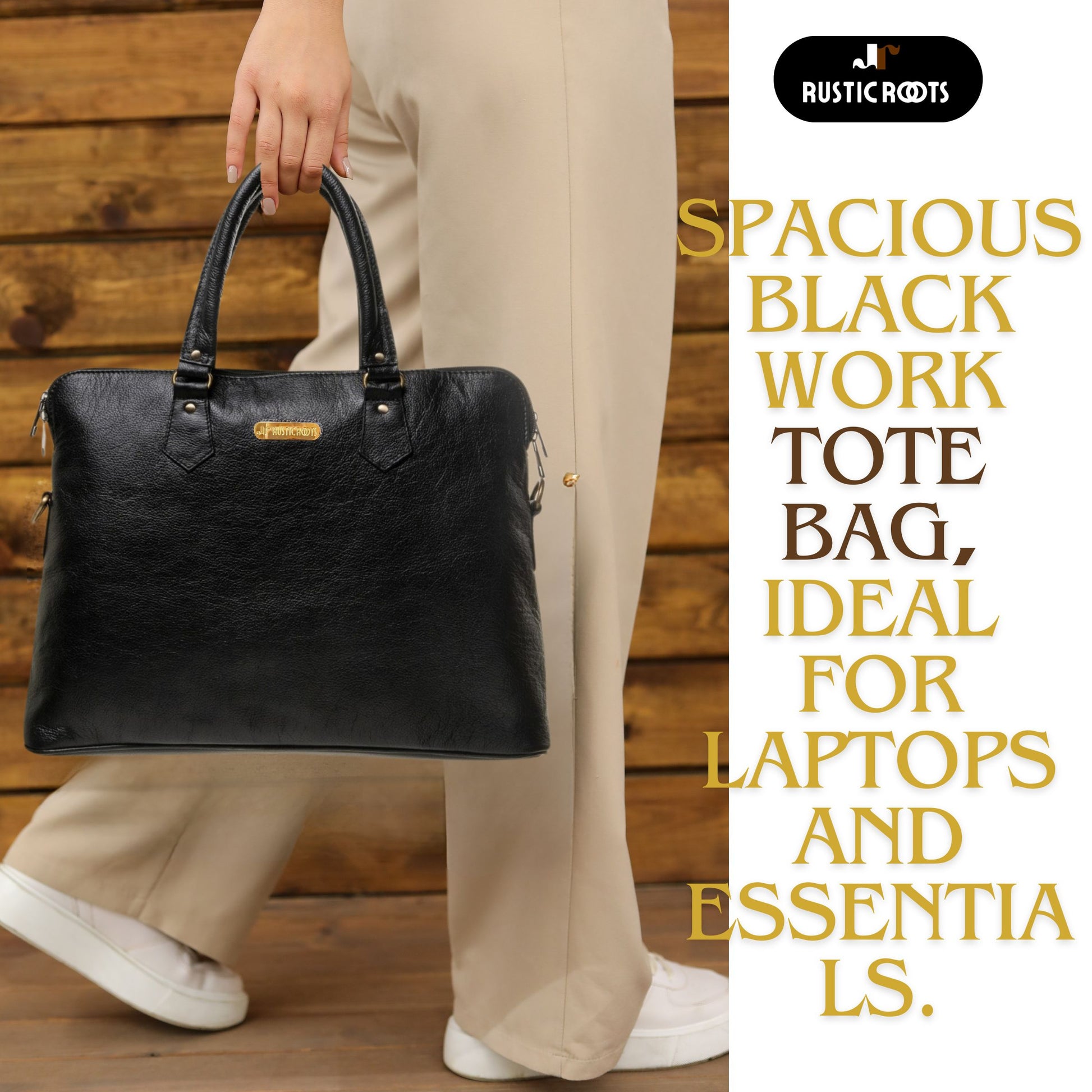 Black Leather Office Laptop Bag for Women – Elegant Tote