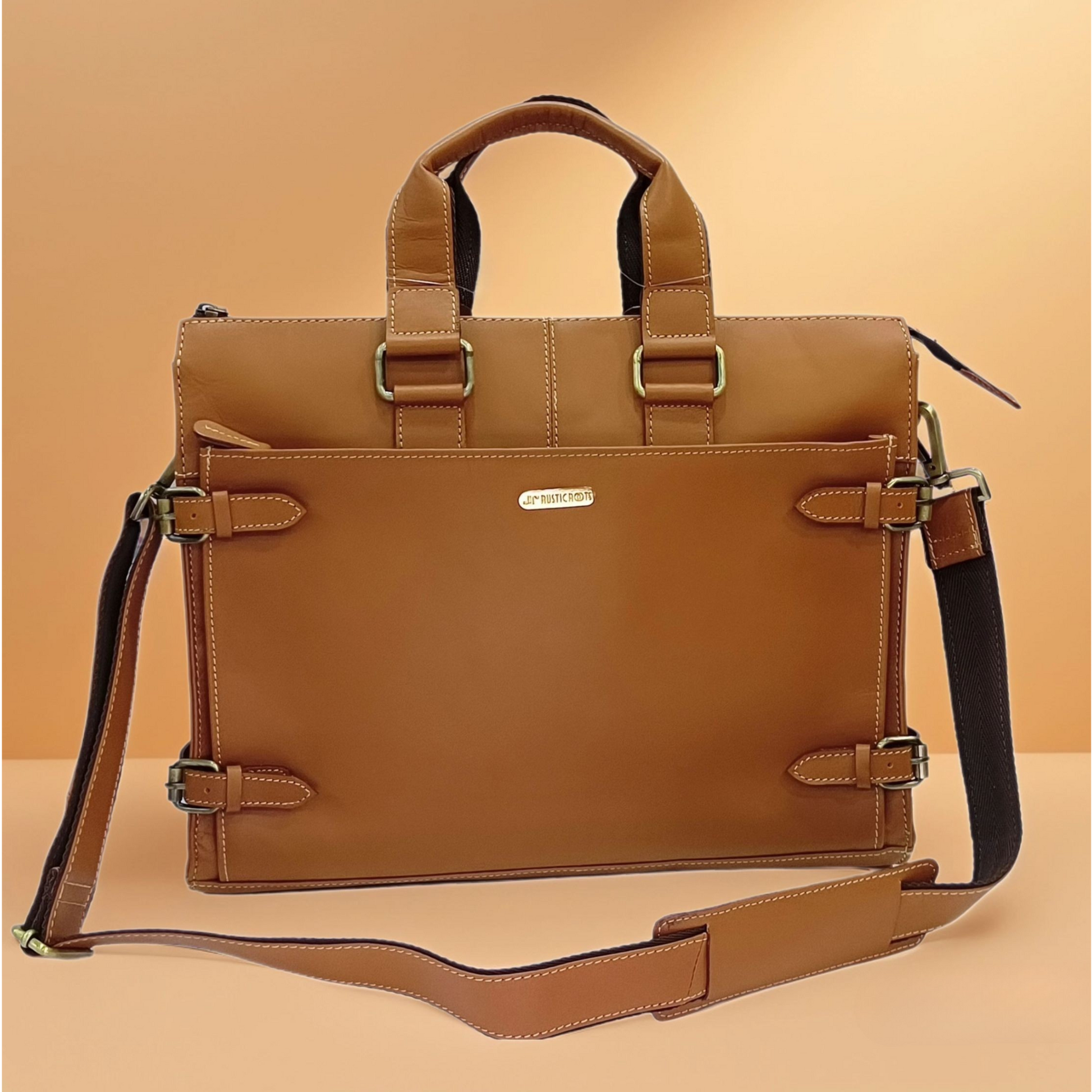 Genuine Tan Leather Laptop Bag by Rustic Roots – Sleek & Professional